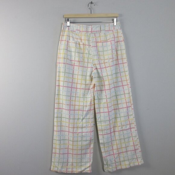 Modcloth Women's Wide Leg Pants 8 Ivory Linen Viscose Rainbow Plaid Preppy 306 - Picture 2 of 11